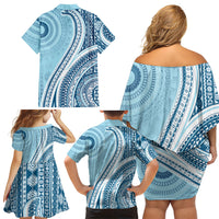 Bula Fiji Vintage Tapa Family Matching Off Shoulder Short Dress and Hawaiian Shirt Kaivity Masi Wave Motifs - Turquoise