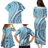 Bula Fiji Vintage Tapa Family Matching Puletasi and Hawaiian Shirt Kaivity Masi Wave Motifs - Turquoise