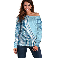 Bula Fiji Vintage Tapa Off Shoulder Sweater Kaivity Masi Wave Motifs - Turquoise