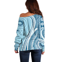 Bula Fiji Vintage Tapa Off Shoulder Sweater Kaivity Masi Wave Motifs - Turquoise