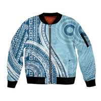 Bula Fiji Vintage Tapa Sleeve Zip Bomber Jacket Kaivity Masi Wave Motifs - Turquoise