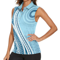 Bula Fiji Vintage Tapa Women Sleeveless Polo Shirt Kaivity Masi Wave Motifs - Turquoise