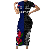 Personalised New Zealand Vs Samoa Rugby Family Matching Short Sleeve Bodycon Dress and Hawaiian Shirt Go Champions LT7 Mom's Dress Black Blue - Polynesian Pride