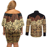 Niue Hiapo Motif Couples Matching Off Shoulder Short Dress and Long Sleeve Button Shirt Tapa Classic - Black Ver