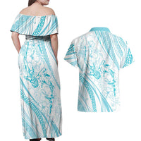 Sharks Couple Dreamy Polynesians Floral Sea Couples Matching Off Shoulder Maxi Dress and Hawaiian Shirt Turquoise - Polynesian Pride