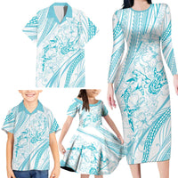 Sharks Couple Dreamy Polynesians Floral Sea Family Matching Long Sleeve Bodycon Dress and Hawaiian Shirt Turquoise - Polynesian Pride