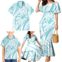 Sharks Couple Dreamy Polynesians Floral Sea Family Matching Mermaid Dress and Hawaiian Shirt Turquoise - Polynesian Pride