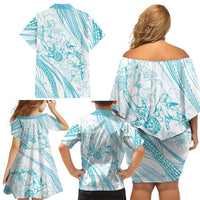 Sharks Couple Dreamy Polynesians Floral Sea Family Matching Off Shoulder Short Dress and Hawaiian Shirt Turquoise - Polynesian Pride