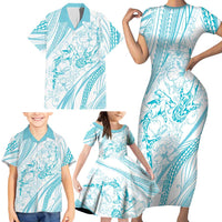 Sharks Couple Dreamy Polynesians Floral Sea Family Matching Short Sleeve Bodycon Dress and Hawaiian Shirt Turquoise - Polynesian Pride