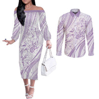 Sharks Couple Dreamy Polynesians Floral Sea Couples Matching Off The Shoulder Long Sleeve Dress and Long Sleeve Button Shirt Lilac - Polynesian Pride