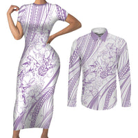 Sharks Couple Dreamy Polynesians Floral Sea Couples Matching Short Sleeve Bodycon Dress and Long Sleeve Button Shirt Lilac - Polynesian Pride
