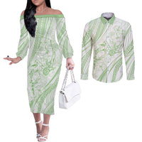 Sharks Couple Dreamy Polynesians Floral Sea Couples Matching Off The Shoulder Long Sleeve Dress and Long Sleeve Button Shirt Emerald - Polynesian Pride