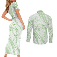 Sharks Couple Dreamy Polynesians Floral Sea Couples Matching Short Sleeve Bodycon Dress and Long Sleeve Button Shirt Emerald - Polynesian Pride