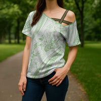 Sharks Couple Dreamy Polynesians Floral Sea Cross Shoulder Shirt Emerald - Polynesian Pride
