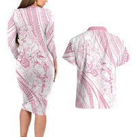 Sharks Couple Dreamy Polynesians Floral Sea Couples Matching Long Sleeve Bodycon Dress and Hawaiian Shirt Pink - Polynesian Pride