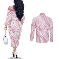 Sharks Couple Dreamy Polynesians Floral Sea Couples Matching Off The Shoulder Long Sleeve Dress and Long Sleeve Button Shirt Pink - Polynesian Pride