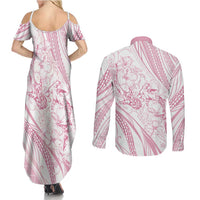 Sharks Couple Dreamy Polynesians Floral Sea Couples Matching Summer Maxi Dress and Long Sleeve Button Shirt Pink LT7 - Polynesian Pride