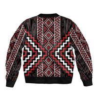 Red Tukutuku Pattern Aotearoa Bomber Jacket Niho Taniwha and Puhoro Motifs