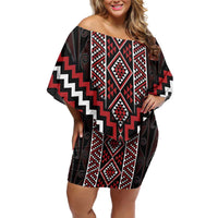 Red Tukutuku Pattern Aotearoa Family Matching Off Shoulder Short Dress and Hawaiian Shirt Niho Taniwha and Puhoro Motifs