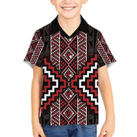 Red Tukutuku Pattern Aotearoa Family Matching Short Sleeve Bodycon Dress and Hawaiian Shirt Niho Taniwha and Puhoro Motifs