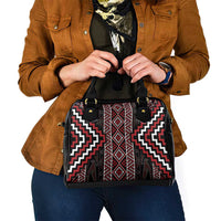 Red Tukutuku Pattern Aotearoa Shoulder Handbag Niho Taniwha and Puhoro Motifs