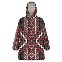 Red Tukutuku Pattern Aotearoa Wearable Blanket Hoodie Niho Taniwha and Puhoro Motifs