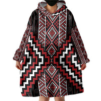 Red Tukutuku Pattern Aotearoa Wearable Blanket Hoodie Niho Taniwha and Puhoro Motifs