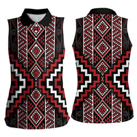 Red Tukutuku Pattern Aotearoa Women Sleeveless Polo Shirt Niho Taniwha and Puhoro Motifs LT7 - Polynesian Pride