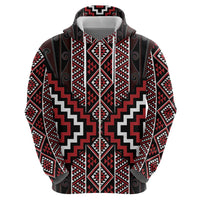 Red Tukutuku Pattern Aotearoa Zip Hoodie Niho Taniwha and Puhoro Motifs