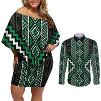 Jade Tukutuku Pattern Aotearoa Couples Matching Off Shoulder Short Dress and Long Sleeve Button Shirt Niho Taniwha and Puhoro Motifs