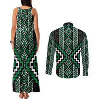 Jade Tukutuku Pattern Aotearoa Couples Matching Tank Maxi Dress and Long Sleeve Button Shirt Niho Taniwha and Puhoro Motifs