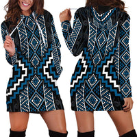 Azure Tukutuku Pattern Aotearoa Hoodie Dress Niho Taniwha and Puhoro Motifs