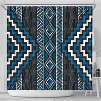 Azure Tukutuku Pattern Aotearoa Shower Curtain Niho Taniwha and Puhoro Motifs