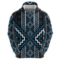 Azure Tukutuku Pattern Aotearoa Zip Hoodie Niho Taniwha and Puhoro Motifs