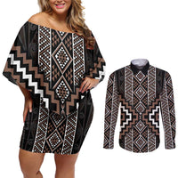 Classic Tukutuku Pattern Aotearoa Couples Matching Off Shoulder Short Dress and Long Sleeve Button Shirt Niho Taniwha and Puhoro Motifs