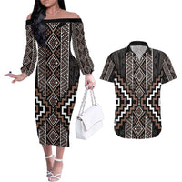 Classic Tukutuku Pattern Aotearoa Couples Matching Off The Shoulder Long Sleeve Dress and Hawaiian Shirt Niho Taniwha and Puhoro Motifs LT7 Brown - Polynesian Pride