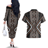 Classic Tukutuku Pattern Aotearoa Couples Matching Off The Shoulder Long Sleeve Dress and Hawaiian Shirt Niho Taniwha and Puhoro Motifs LT7 - Polynesian Pride