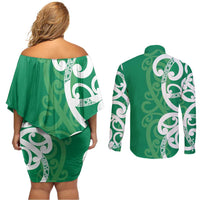 Pounamu Green Maori Couples Matching Off Shoulder Short Dress and Long Sleeve Button Shirt Koru Kowhaiwhai - Polynesian Pride