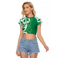 Pounamu Green Maori Raglan Cropped T Shirt Koru Kowhaiwhai - Polynesian Pride