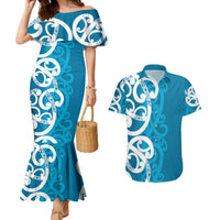 Azure Blue Maori Couples Matching Mermaid Dress and Hawaiian Shirt Koru Kowhaiwhai - Polynesian Pride