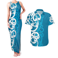 Azure Blue Maori Couples Matching Tank Maxi Dress and Hawaiian Shirt Koru Kowhaiwhai - Polynesian Pride