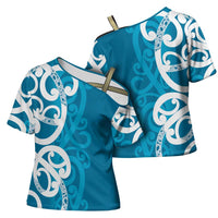 Azure Blue Maori Cross Shoulder Shirt Koru Kowhaiwhai - Polynesian Pride