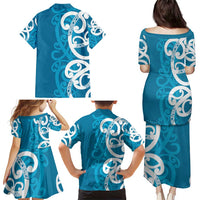 Azure Blue Maori Family Matching Puletasi and Hawaiian Shirt Koru Kowhaiwhai - Polynesian Pride