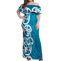 Azure Blue Maori Off Shoulder Maxi Dress Koru Kowhaiwhai - Polynesian Pride