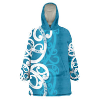 Azure Blue Maori Wearable Blanket Hoodie Koru Kowhaiwhai LT7 One Size Blue - Polynesian Pride