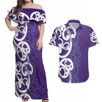 Violet Green Maori Couples Matching Off Shoulder Maxi Dress and Hawaiian Shirt Koru Kowhaiwhai - Polynesian Pride