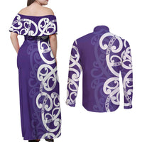 Violet Green Maori Couples Matching Off Shoulder Maxi Dress and Long Sleeve Button Shirt Koru Kowhaiwhai - Polynesian Pride