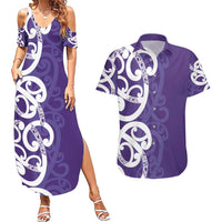Violet Green Maori Couples Matching Summer Maxi Dress and Hawaiian Shirt Koru Kowhaiwhai - Polynesian Pride