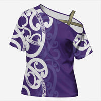 Violet Green Maori Cross Shoulder Shirt Koru Kowhaiwhai - Polynesian Pride