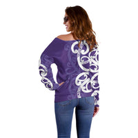 Violet Green Maori Off Shoulder Sweater Koru Kowhaiwhai - Polynesian Pride